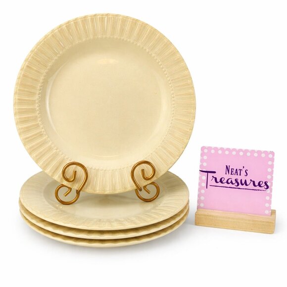 Bombay & Company Cream Stoneware Embossed Stripes Dots Rim Dinner Plates Set 4